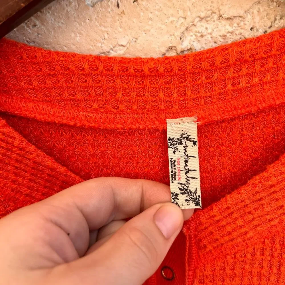 Free People Orange Waffle Knit Henley Top XS Boho Thermal Long Sleeve